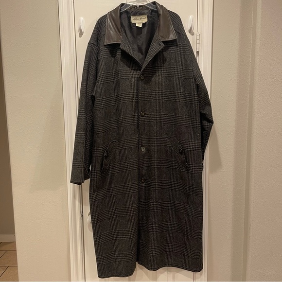 Vtg EDDIE BAUER Wool Glenn Plaid Leather Trim Overcoat Trench Coat MENS XL - Picture 1 of 9
